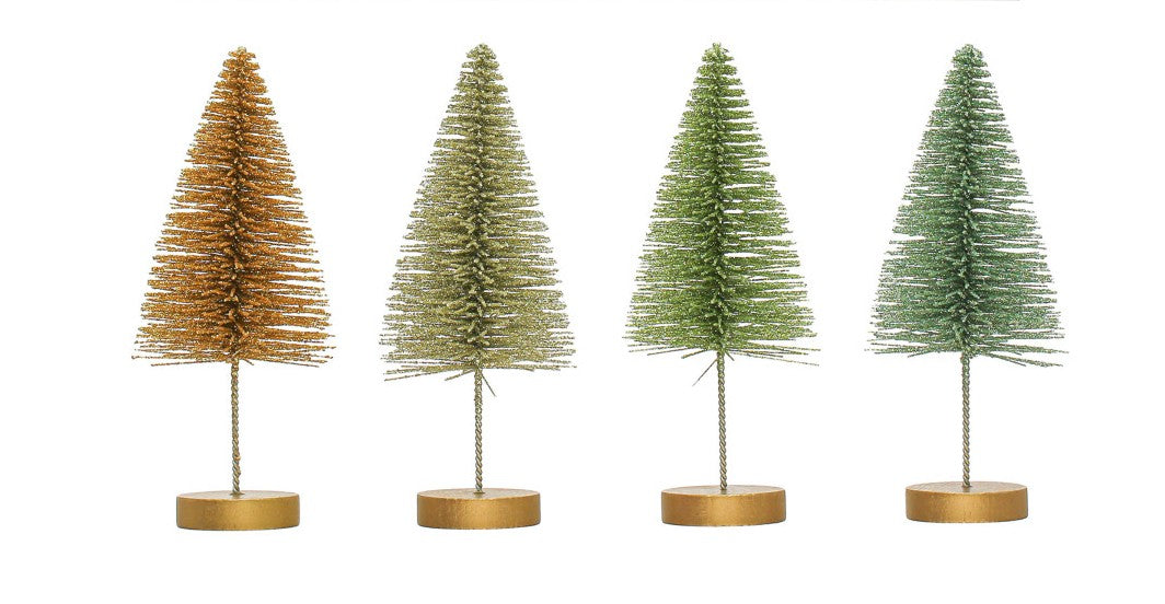Tree Bottle Brush w/Wood Base - Green & Gold - Sold Individually - 6"h