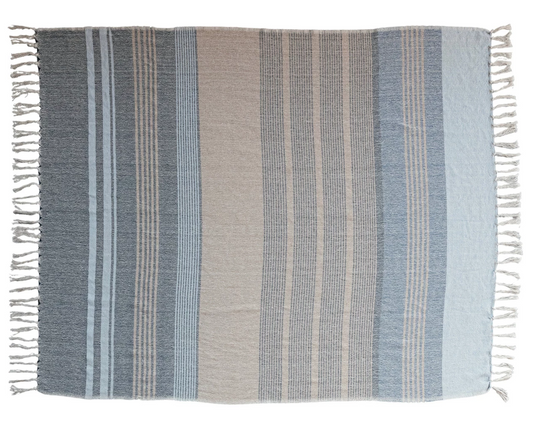 Throw Blanket Recycled Cotton Stripes & Fringe Blue & Orange