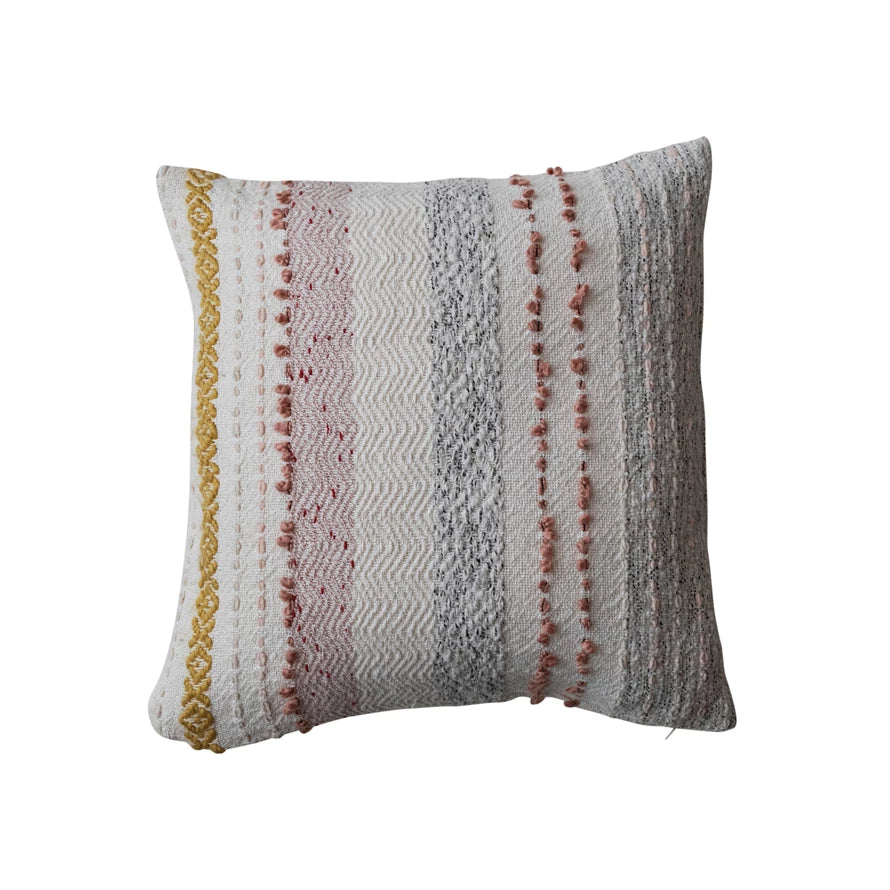 Pillow Woven Cotton w/ Stripes and Embroidery 18" Square