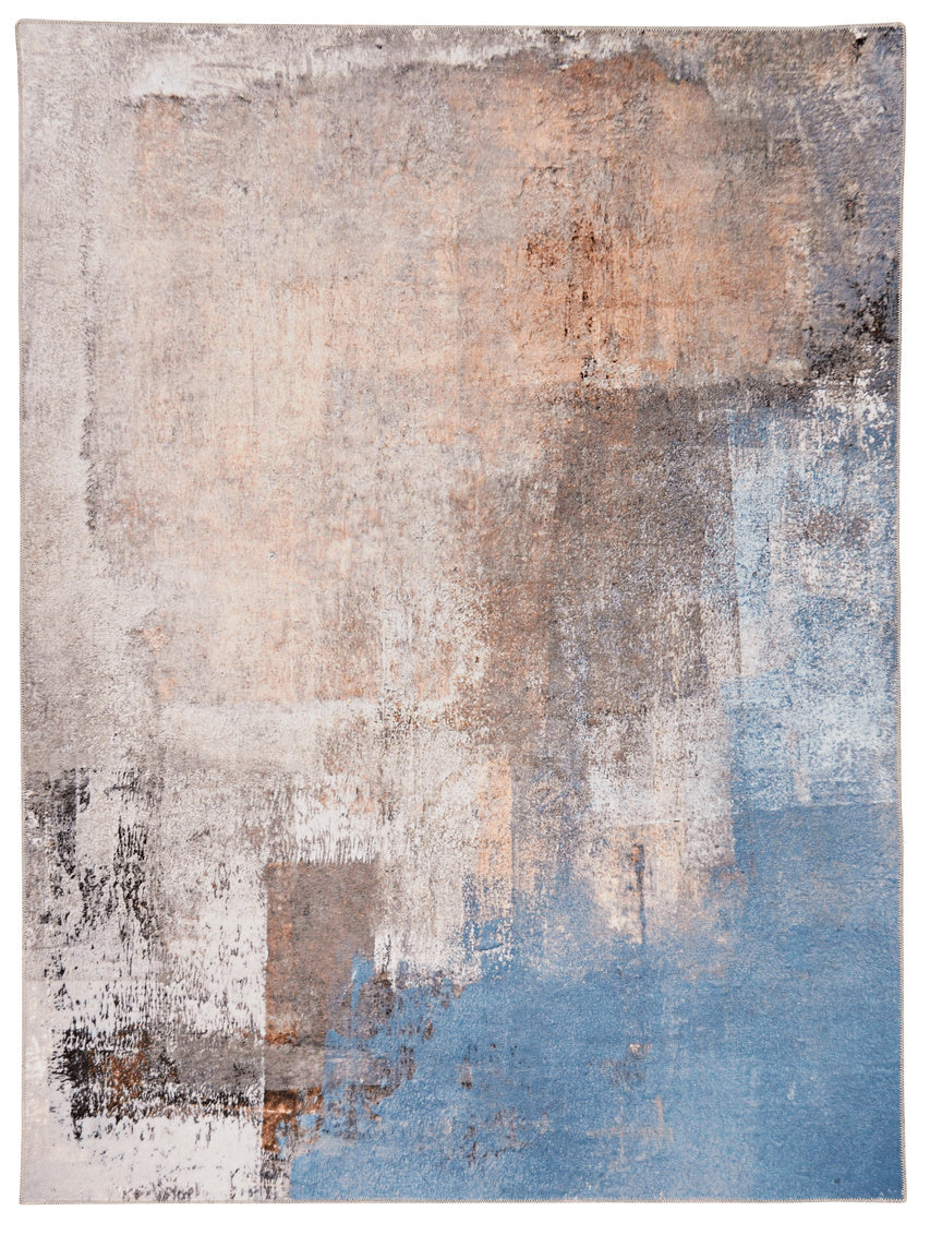 Washable Kyler Beige and Blue Rug 5ft x 7ft