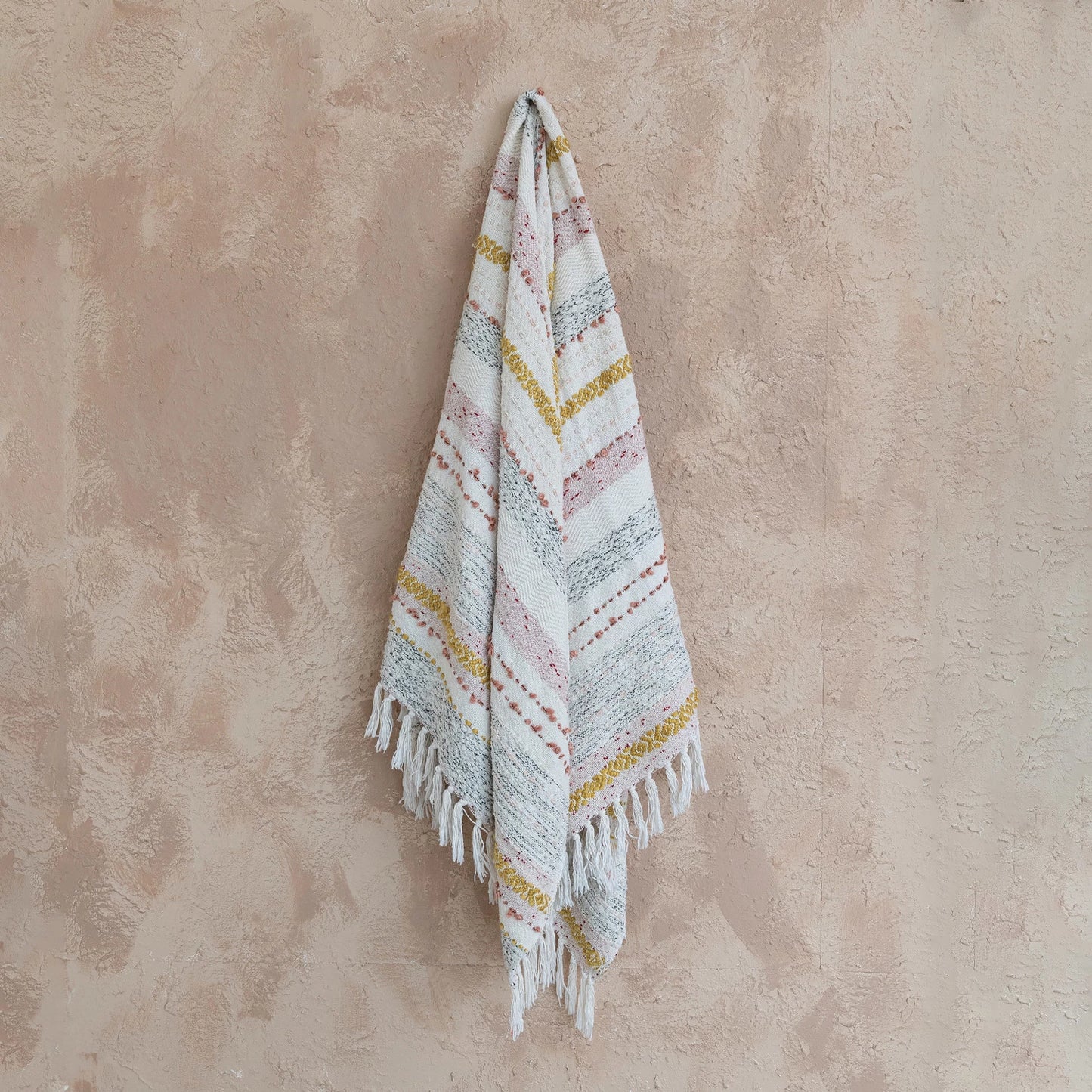 Throw Blanket Cotton Stripes, Embroidered with Fringe Pink, White, Gold