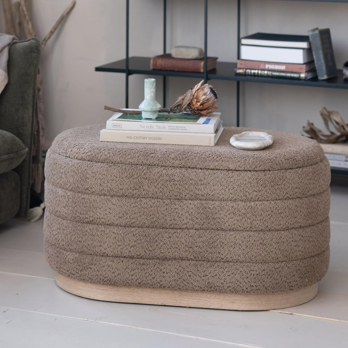 Ottoman Upholstered with Storage Wood Base - Cream - Small
