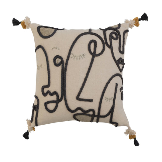 Pillow Cotton Slub With Embroidery Abstract Face Design & Tassels 16" Square