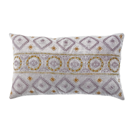 Pillow Lumbar Cotton Velvet Embroidered With Chambray Back Lavender & Gold 24"L x 14"H