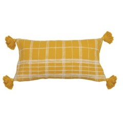 Pillow Lumbar Plaid Woven Cotton Slub Corner Tassels Yellow & White