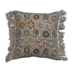 Throw Pillow Square Woven Cotton Blend with Fringe Olive Green 18"