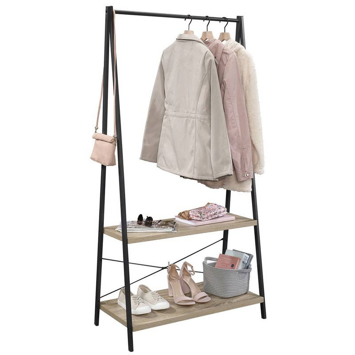 North Avenue Wardrobe Hanging Rack With Two Shelves Charter Oak Finish