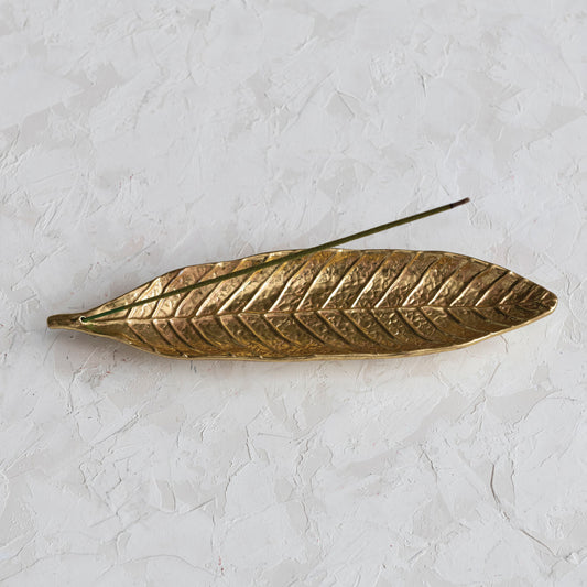 Embossed Stoneware Leaf Shaped Incense Holder w/ Gold Electroplating