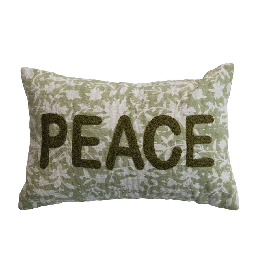 Pillow Holiday Lumbar Kantha Stitch Flowers Peace Green 14"L x 9"H