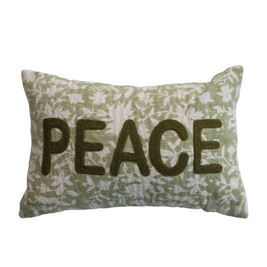 Pillow Holiday Lumbar Kantha Stitch Flowers Peace Green 14"L x 9"H