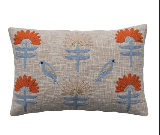 Pillow Lumbar Woven Cotton w/ Embroidered Flowers & Birds, Multi Color 24"L x 16"H