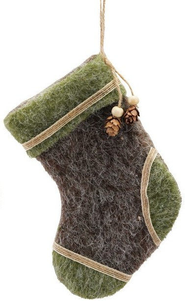 Ornament - Polyester Felt - Stocking with Pinecone - 6.25"h