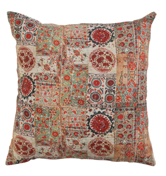 Pillow Cotton Printed With Kantha Stitch & Chambray Back Rust, Black & Sage 20"Square