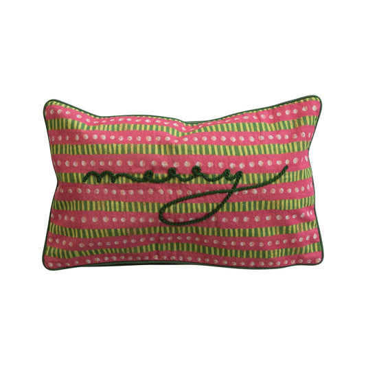 Pillow Lumbar Holiday Cotton Slub Printed Pink and Green 20"L x 12"H