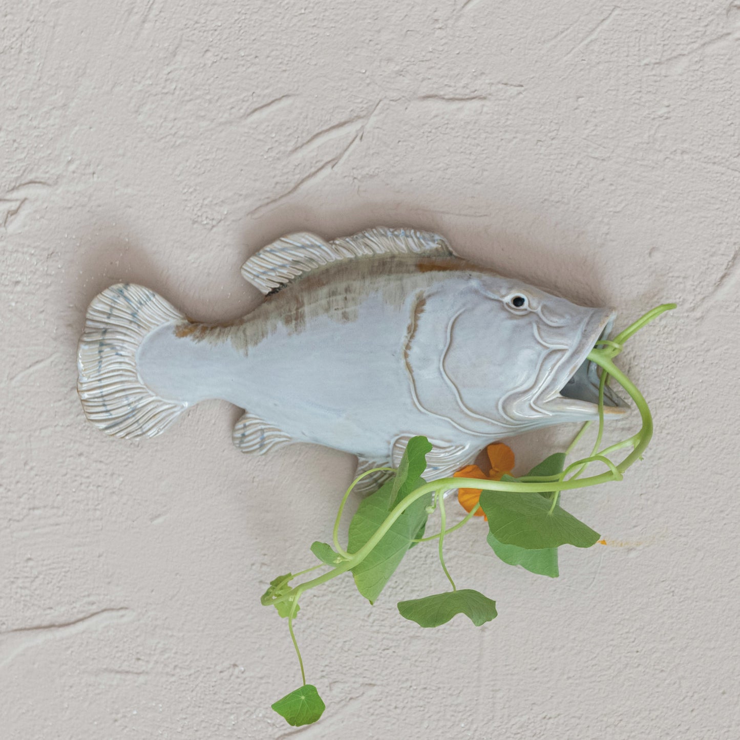 Wall Vase Stoneware Fish White & Tan 11.75"H