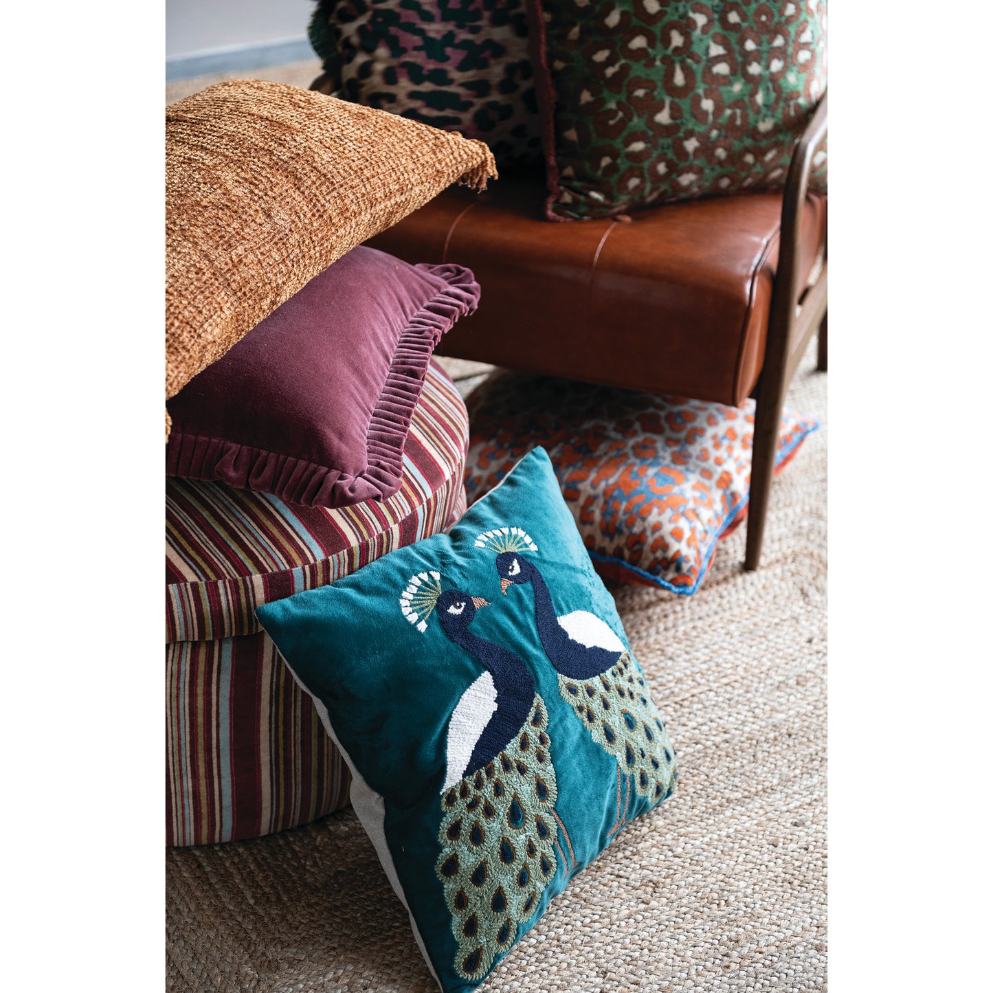 Pillow Velvet Embroidered Peacocks 18" Square