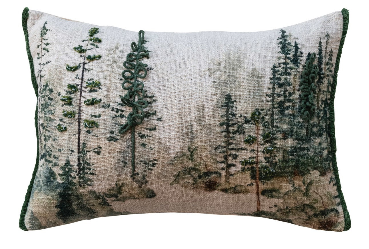 Pillow Lumbar Cotton Printed Trees & Embroidery 20"L x 14"H