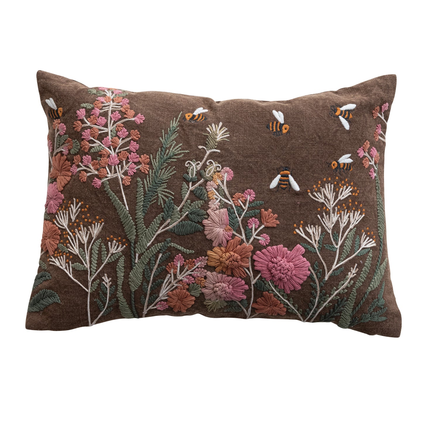 Pillow Lumbar Stonewashed Cotton Slub Flowers & Bees Browns & Pinks