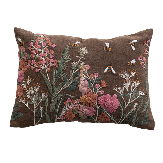 Pillow Lumbar Stonewashed Cotton Slub Flowers & Bees Browns & Pinks
