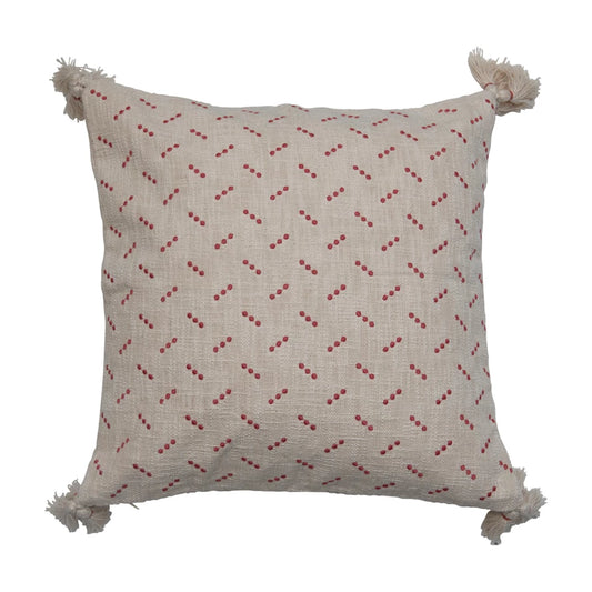 Pillow Embroidered Dots & Tassels Cotton Slub Cream & Red 20" Square