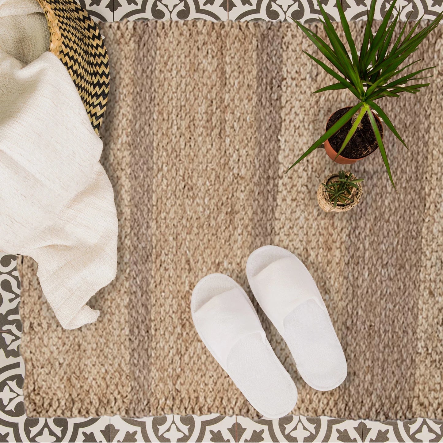 Rug Runner Handwoven Seagrass & Cornhusks Natural Stripes 6.5' Long