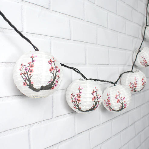 String Lights Paper Lanterns Set of 10 4" Round Cherry Blossom