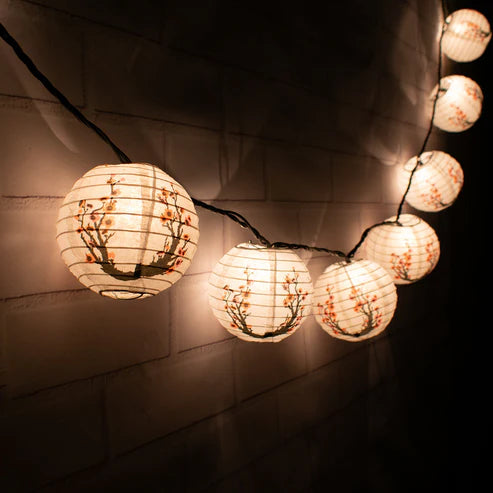String Lights Paper Lanterns Set of 10 4" Round Cherry Blossom