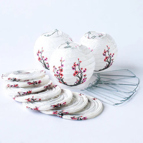 String Lights Paper Lanterns Set of 10 4" Round Cherry Blossom