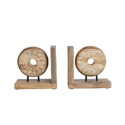 Bookends Mango Wood & Metal Circle on Stand Natural Sold As A Pair 6.5" High