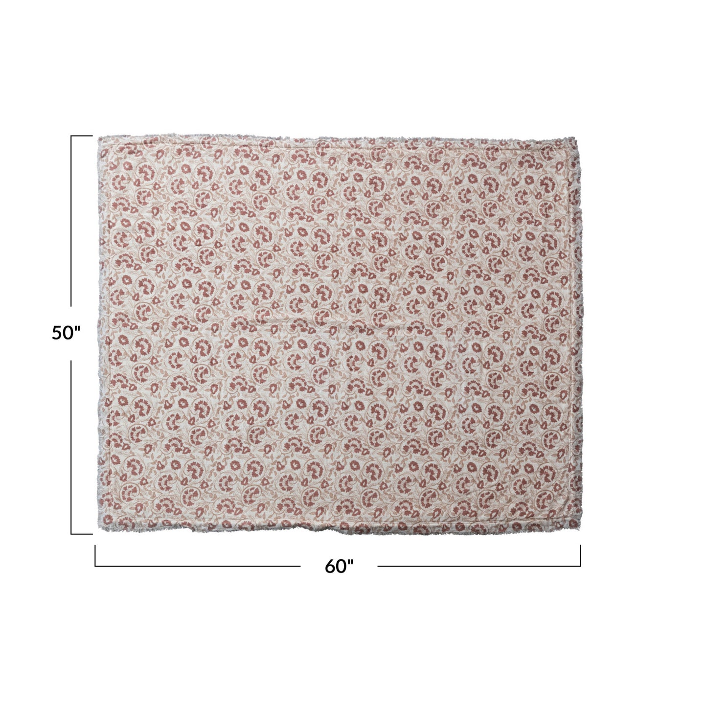 Throw Blanket Sherpa Back Rose & Tan Pattern Front with Raw Edge Fringe