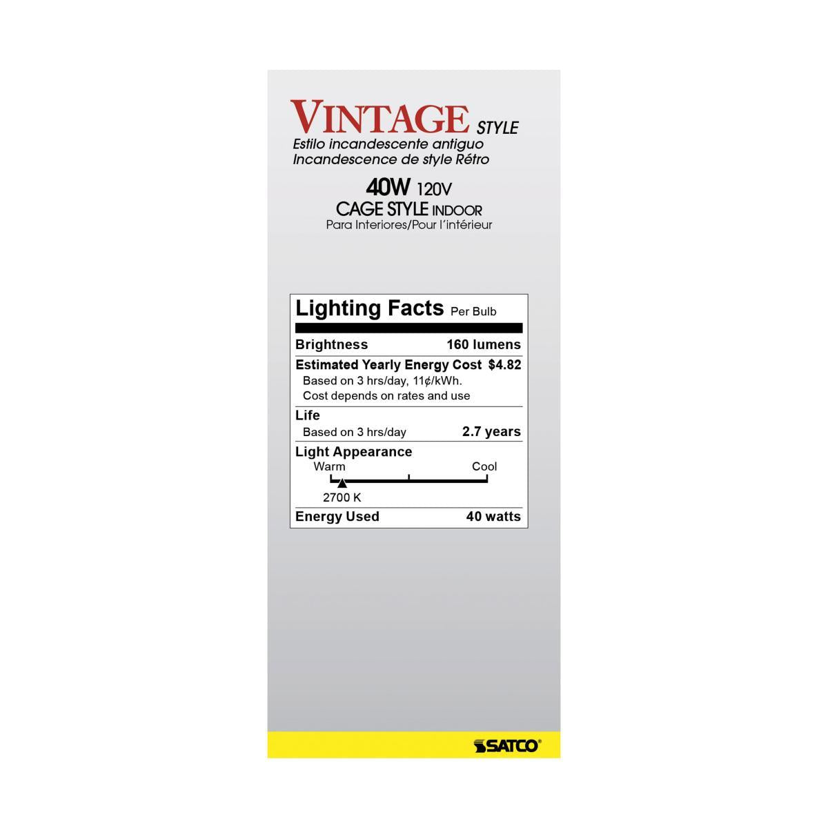 Light Bulb 40 Watt ST19 Incandescent, Edison Style; Filament - Cage Style; Clear; CCT (Kelvin) - 2700K; 160 Lumens; Medium base; 120 Volt