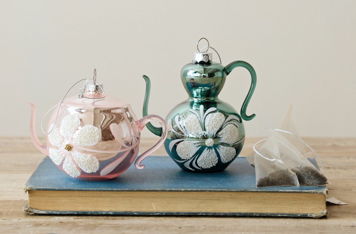 Ornament - Glass Hand Painted - Teapot with Flower