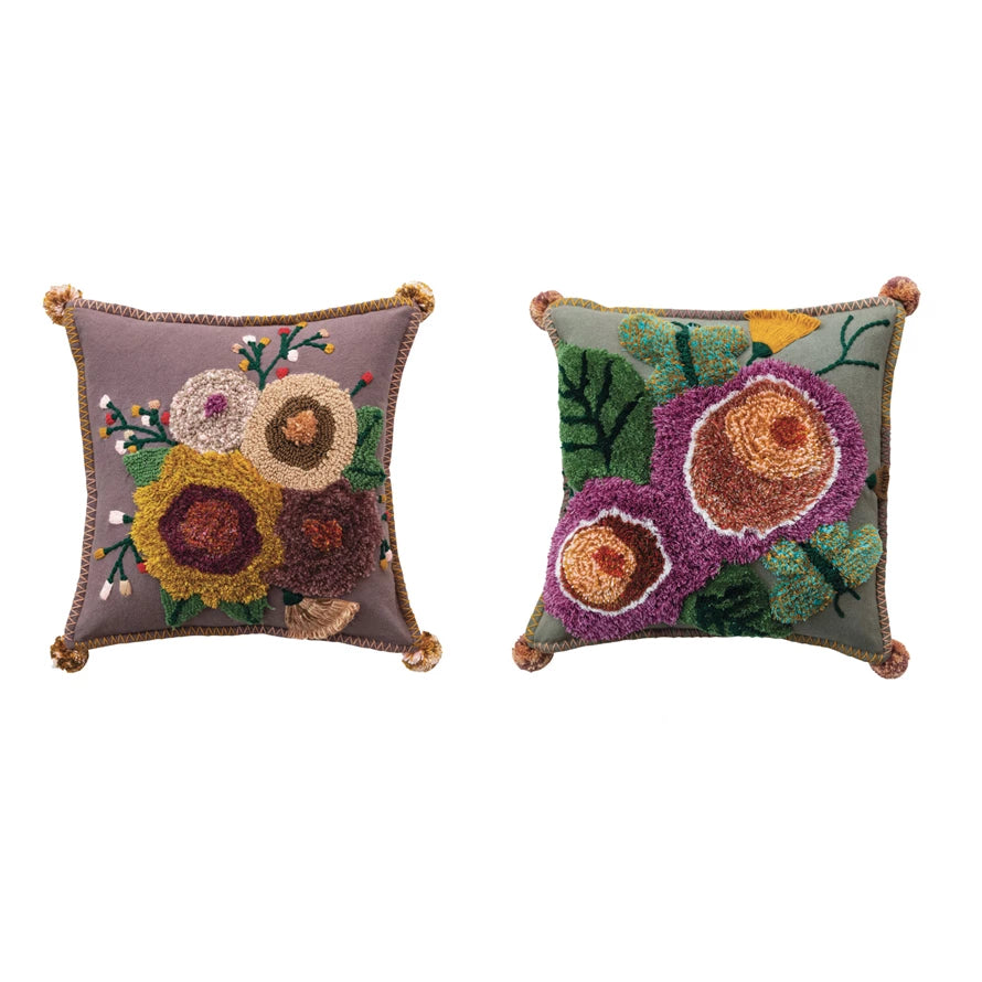 Pillow Tufted Floral w/ Pom Poms Multi Color (2 Styles, Sold Individually) 18" Square