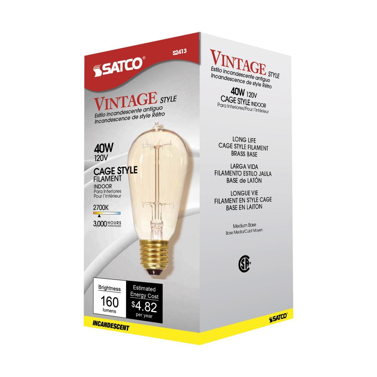 Light Bulb 40 Watt ST19 Incandescent, Edison Style; Filament - Cage Style; Clear; CCT (Kelvin) - 2700K; 160 Lumens; Medium base; 120 Volt