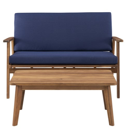 Cosgrove Acacia Wood Outdoor Loveseat Blue Cushion