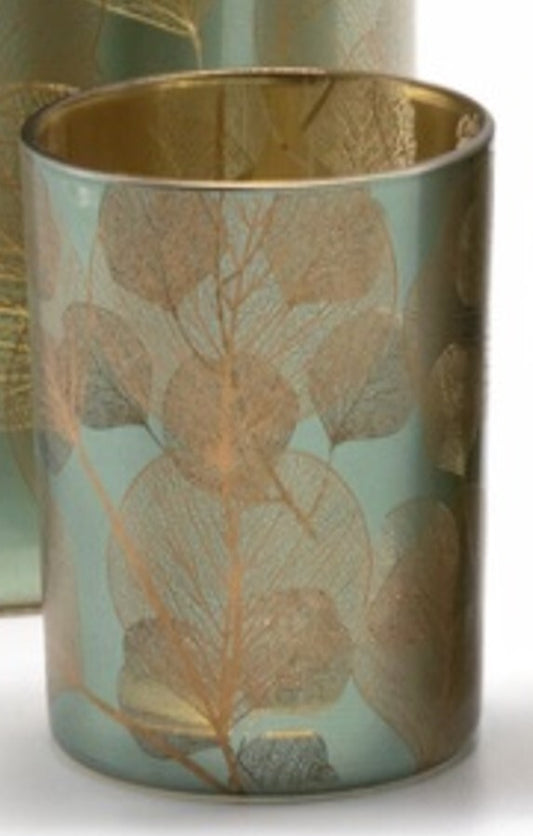 Candle Holder - Tea Light Blue & Golden Leaf Pattern