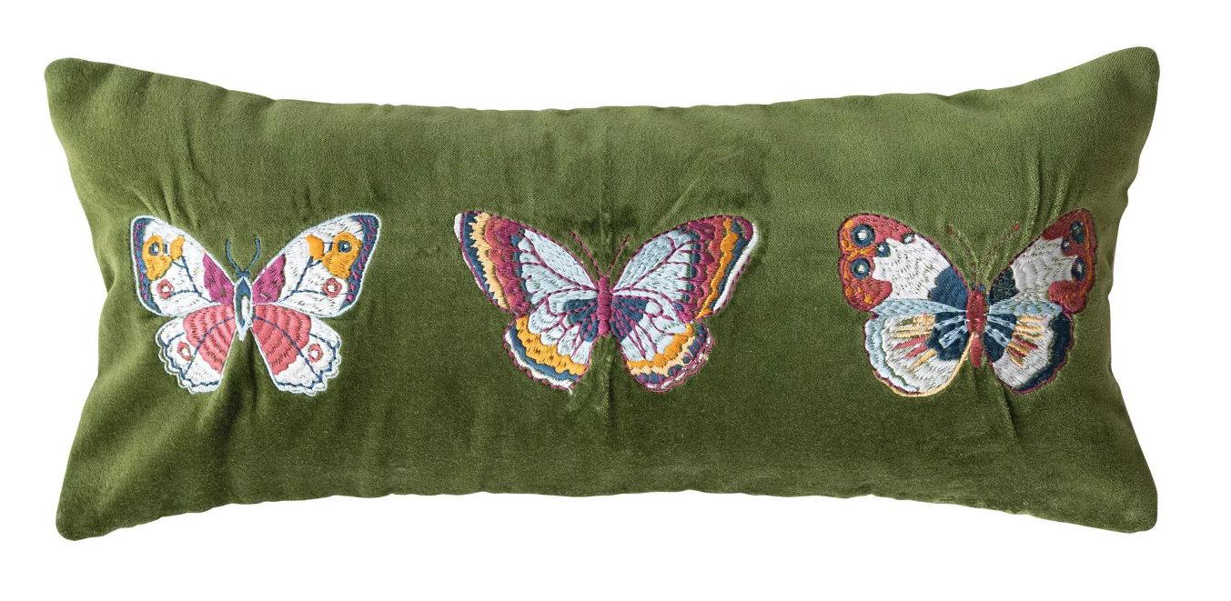 Pillow Lumbar Cotton Velvet Butterflies Embroidered 18" x 8"