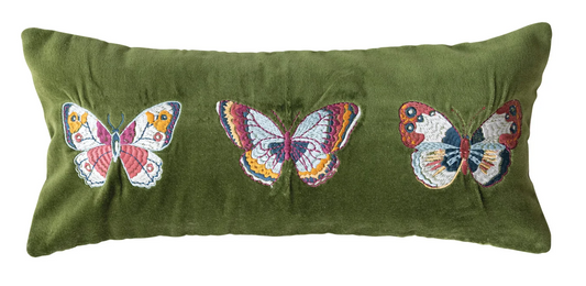 Pillow Lumbar Cotton Velvet Butterflies Embroidered 18" x 8"