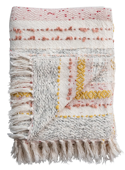 Throw Blanket Cotton Stripes, Embroidered with Fringe Pink, White, Gold