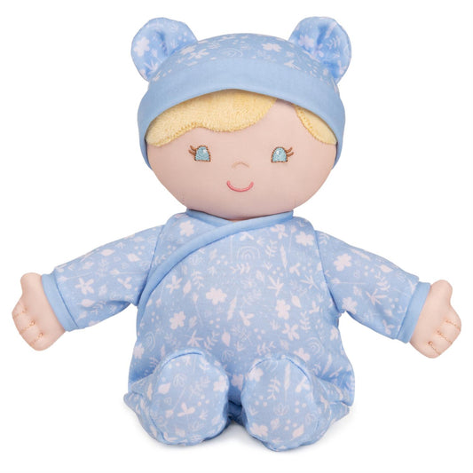 Plush Baby Doll Sustainable Aster Dressed In A Blue Onesie
