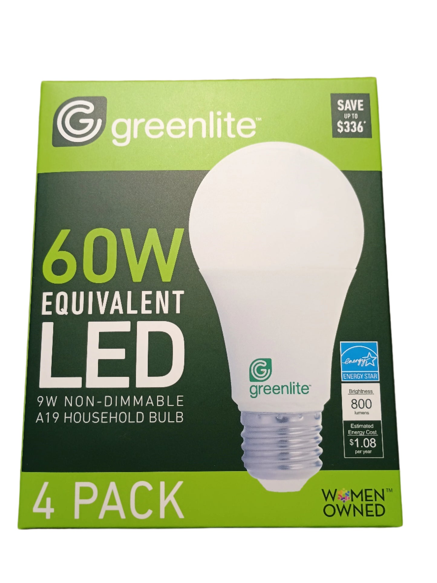 Light Bulb Pack of 4 Warm White LED Non-Dimmable 9W (60W Equivalent), A19, 800 Lumens, 3000K CCT