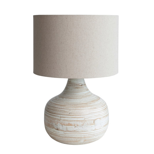 Lamp Tabletop Bamboo Whitewashed With Linen Shade 14" Round x 21-1/4"H