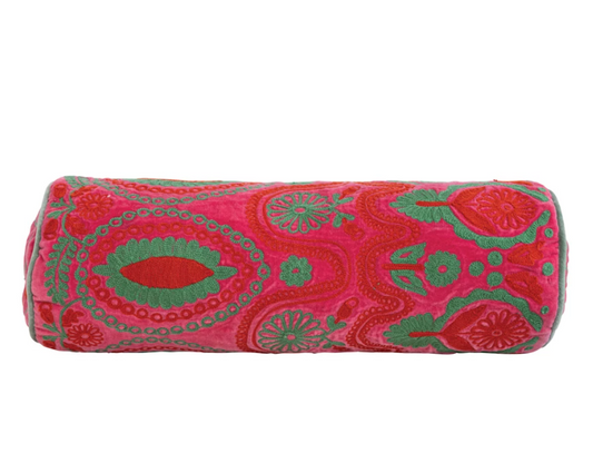 Pillow Bolster Velvet Cotton w/ Embroidery Fuschia and Green 21"L x 7"H