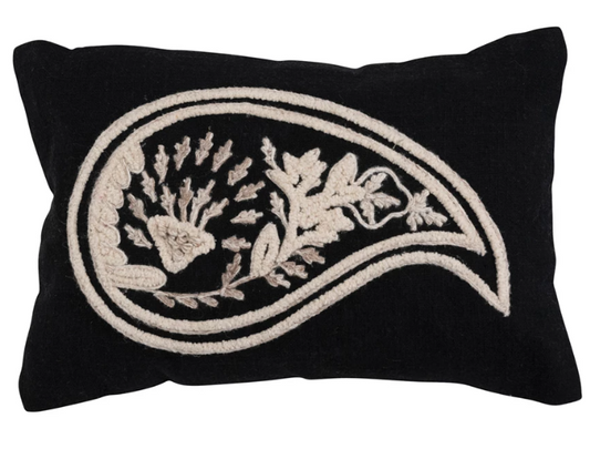 Pillow Lumbar Slub Embroidered Cotton Paisley Black and White 14" x 9"
