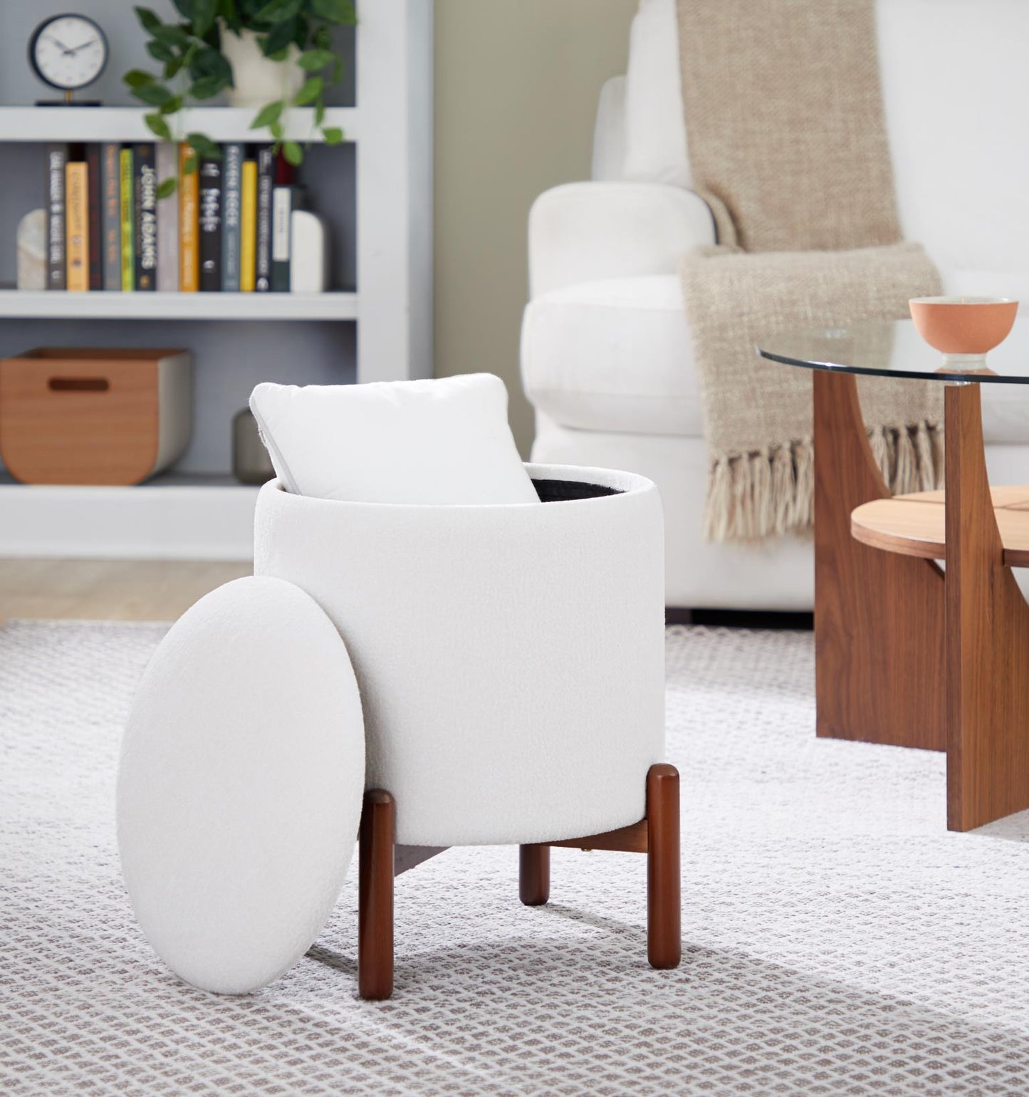 Daniella Contemporary Walnut Wood Storage Ottoman White