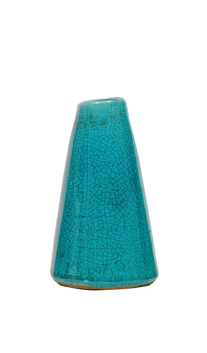 Vase Glazed Terracotta Cone Shape Turquoise 5" High Small