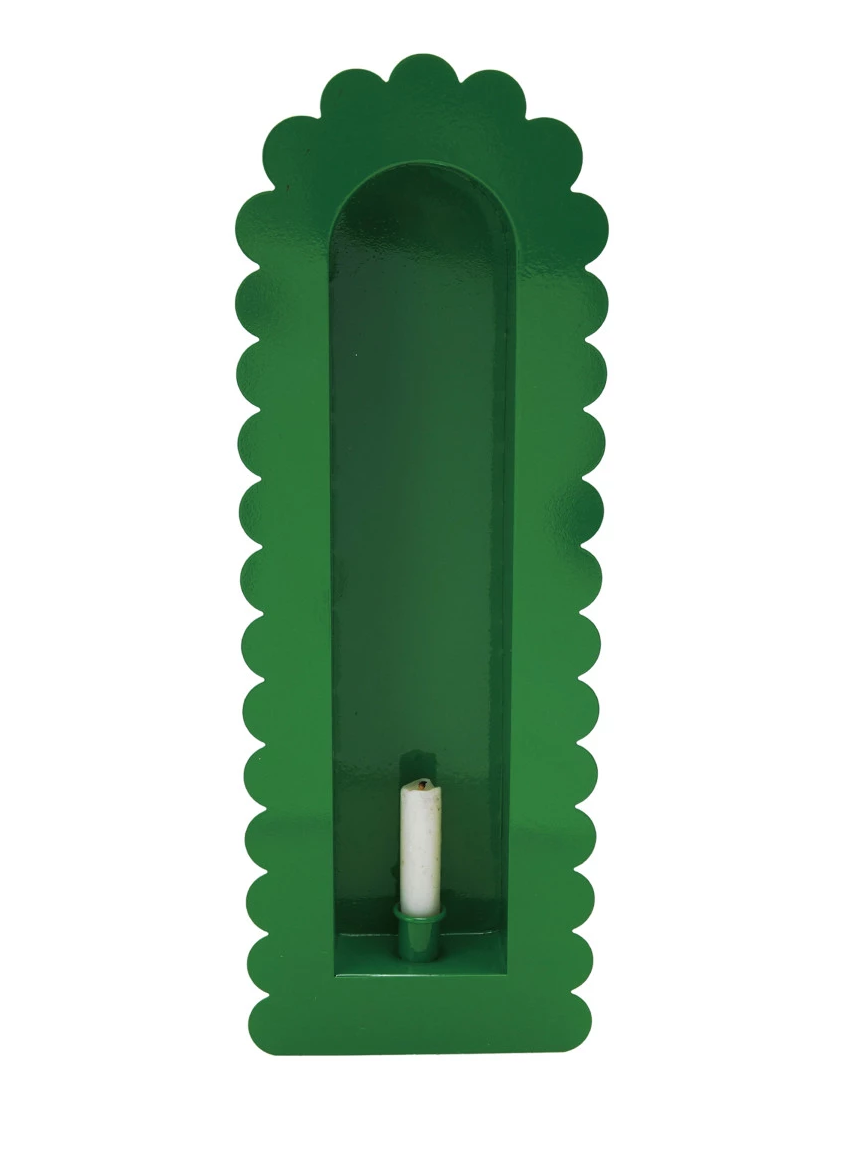 Sconce or Tabletop Taper Holder Scalloped Edge Metal Green 20"h