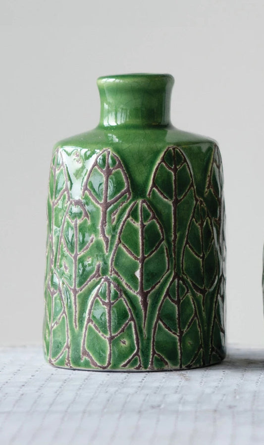 Vase Stoneware Embossed Green 4.5" High Large