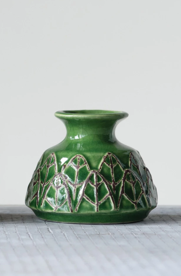 Vase Stoneware Embossed Green 2.25" High Small