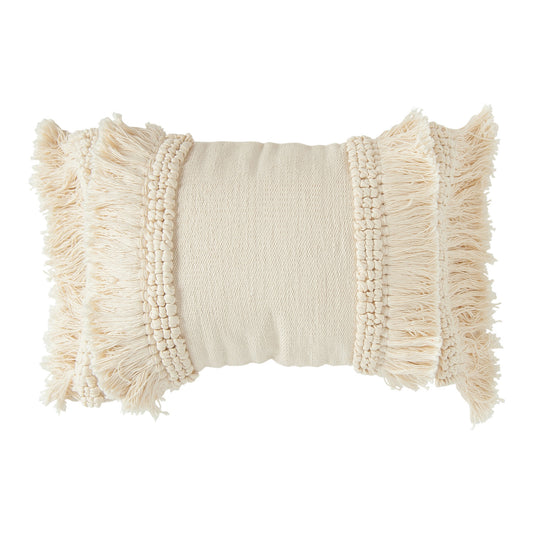 24" x 16" Cotton & Chenille Woven Lumbar Pillow w/ Fringe, Polyester Fill